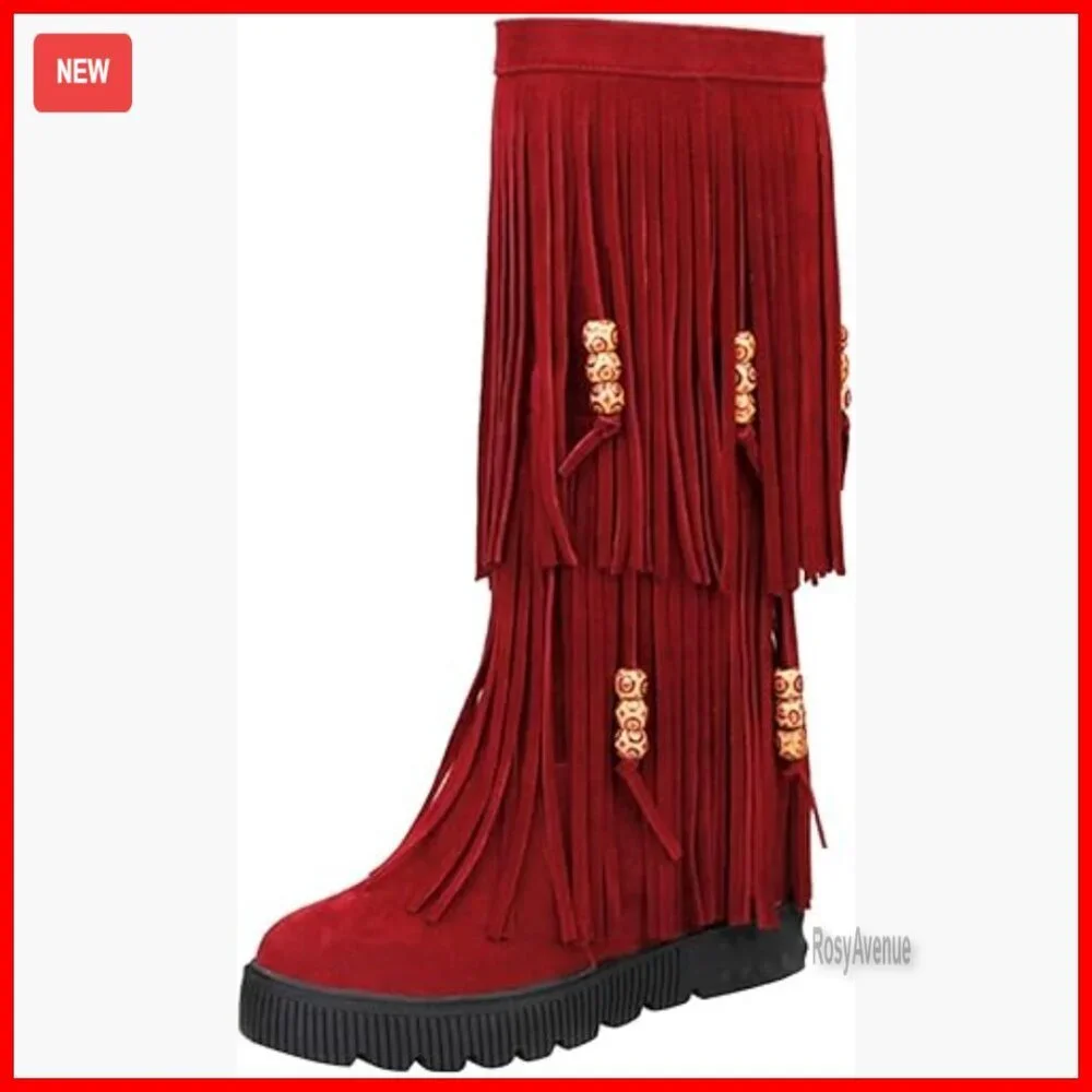 Women's Fringe Suede Knee-High Boots with Hidden Wedge and Tassels